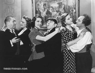 Moe Howard, Larry Fine, Jean Carmen, Earlene Heath, Curly Howard, and Lucille Lund in Healthy, Wealthy and Dumb (1938)