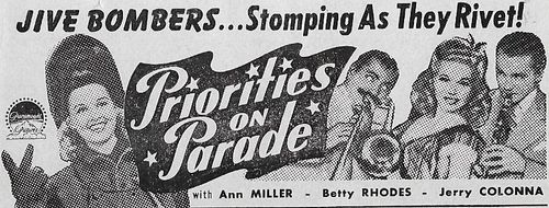 Jerry Colonna, Johnny Johnston, Ann Miller, and Betty Jane Rhodes in Priorities on Parade (1942)