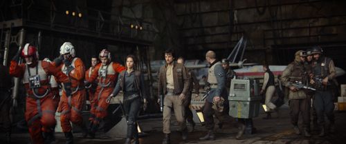 Felicity Jones, Diego Luna, Benjamin Hartley, and Russell Balogh in Rogue One: A Star Wars Story (2016)
