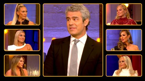 Andy Cohen, Gina Kirschenheiter, Emily Simpson, Braunwyn Windham-Burke, Shannon Storms Beador, and Kelly Dodd in The Rea
