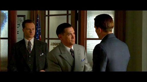 Chandler Williams as Clyde Tolson, Billy Crudup as J. Edgar Hoover and Christian Bale as Melvin Purvis, in Michael Mann'