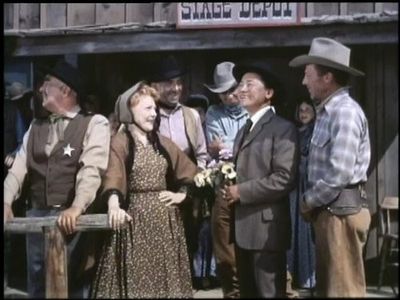 Slim Pickens, Claire Carleton, Dennis Moore, Tudor Owen, Joseph Vitale, and Victor Sen Yung in The Lone Ranger (1949)