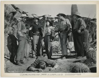 Robert Young, Marguerite Chapman, Barton MacLane, Mike Mazurki, Willard Parker, and Akim Tamiroff in Relentless (1948)
