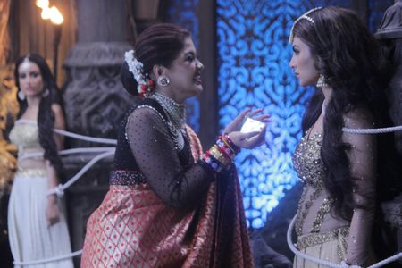 Sudha Chandran, Mouni Roy, and Surbhi Jyoti in Naagin: Episode #3.103 (2019)