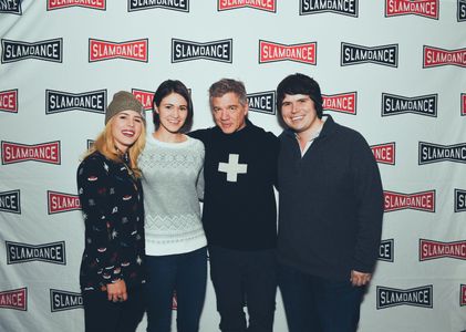 Matthew Glave, Michael J. Gallagher, Jana Winternitz, and Emily Bett Rickards at an event for Funny Story (2018)
