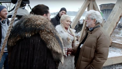 George Lucas, David Benioff, Kit Harington, and Emilia Clarke in Game of Thrones (2011)