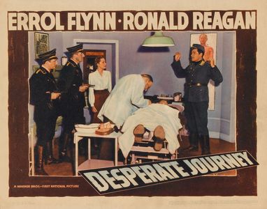 Errol Flynn, Rudolph Anders, Albert Bassermann, Nancy Coleman, Ronald Sinclair, and Henry Victor in Desperate Journey (1
