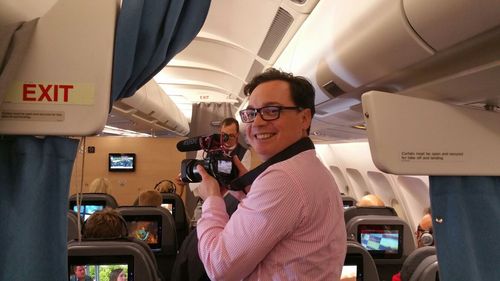 James Mellor Filming on Sas Flight from Tokyo to Copenhagen for The Inflight Food Trip documentary.