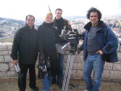 Megan Raney Aarons (director) on location in Jerusalem filming Prisoner's of Faith, with director of photography Suat Ku