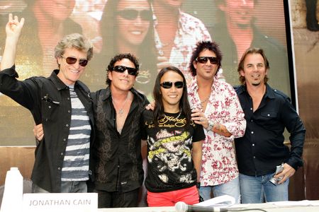 Jonathan Cain, Neal Schon, Ross Valory, Deen Castronovo, Journey, and Arnel Pineda in Independent Lens: Don't Stop Belie