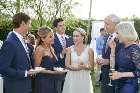 Beth Broderick, Michael Gross, Ryan Rottman, Brad Benedict, Becca Tobin, and Chelsea Gilson in Sister of the Bride (2019