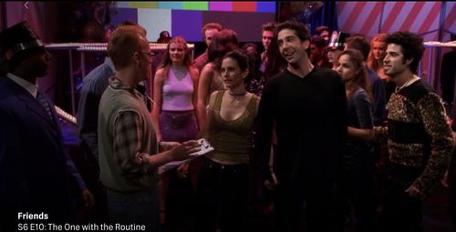 Still of Courteney Cox, David Schwimmer, and Paul Sinacore on Friends - S6E10 - The One with the Routine
