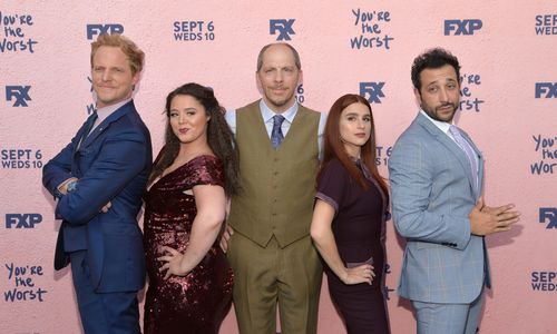 Stephen Falk, Chris Geere, Kether Donohue, Aya Cash, and Desmin Borges at an event for You're the Worst (2014)