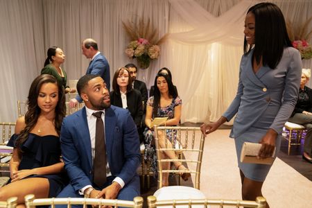 Kayla interrupts a moment between Mike and Pamela in Episode 118 of Tyler Perry's BRUH