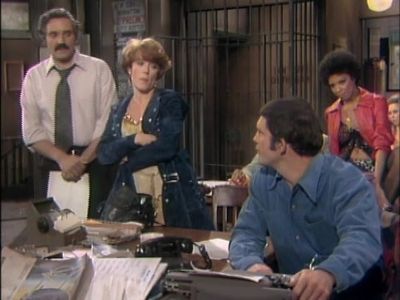 Nancy Dussault, Max Gail, Hal Linden, and Lavelle Roby in Barney Miller (1975)
