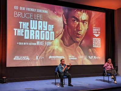 Giving an audience Q&A after a screening for Bruce Lee's Way of the Dragon