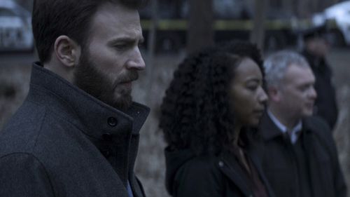 Chris Evans, Shawn Fitzgibbon, and Betty Gabriel in Defending Jacob (2020)