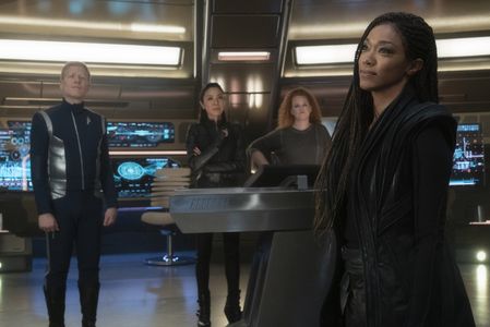 Michelle Yeoh, Anthony Rapp, Sonequa Martin-Green, and Mary Wiseman in Star Trek: Discovery: People of Earth (2020)