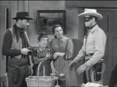 Clayton Moore, Marjorie Eaton, Cecil Spooner, and Ray Teal in The Lone Ranger (1949)
