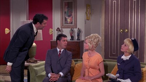 Tony Curtis, Jerry Lewis, Suzanna Leigh, and Dany Saval in Boeing, Boeing (1965)