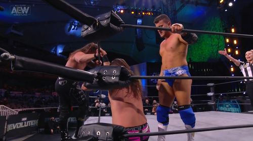 Chris Jericho, Matt Massie, and Maxwell Friedman in All Elite Wrestling: Revolution (2021)