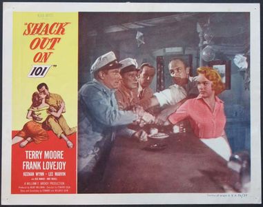 Whit Bissell, Jess Barker, Terry Moore, Donald Murphy, and Keenan Wynn in Shack Out on 101 (1955)