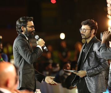 Dhanush and RJ Balaji at an event for 2.0 (2018)