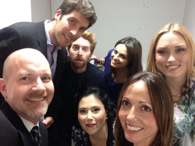 Mike Henry, Alex Borstein, Sara Henry, John Viener, Seth Green, Mila Kunis and Clare Grant backstage at Family Guy Live 