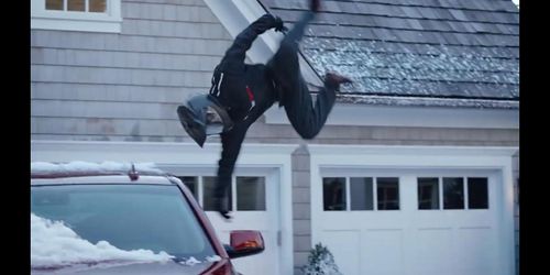 Quentin Sanders side flipping off of a Truck and into the snow for a WeaterTech commercial.