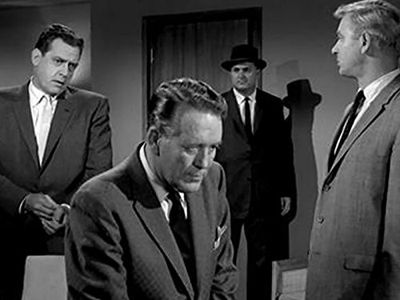 Raymond Burr, Dick Foran, Wesley Lau, and Lee Miller in Perry Mason (1957)