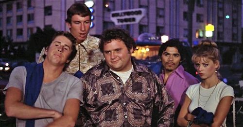 Patricia Alice Albrecht, Brian Frishman, Stephen Furst, Sal Lopez, and Andy Tennant in Midnight Madness (1980)