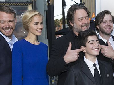 The Water Diviner Hollywood Premiere From Left: Michael Dorman, Isabel Lucas, Russell Crowe, Dylan Georgiades, Chris Som