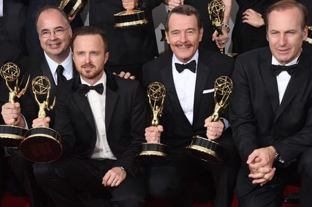Bryan Cranston, Bob Odenkirk, Aaron Paul, and Thomas Schnauz at an event for The 66th Primetime Emmy Awards (2014)