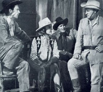 Gregg Barton, Norma Brooks, Dennis Moore, and Lee Roberts in Blazing the Overland Trail (1956)