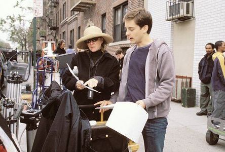 Producer LAURA ZISKIN and star TOBEY MAGUIRE discuss a scene on the set of Columbia Pictures' action adventure SPIDER-MA