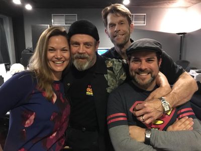 The team from 'Justice League Action' Left to Right: Rachel Kimsey (Wonder Woman), Mark Hammil (Joker), Kevin Conroy (Ba