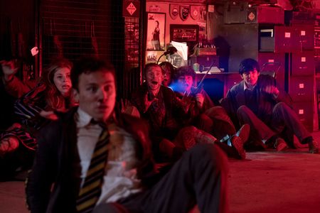 Simon Pegg, Asa Butterfield, Kit Connor, Max Raphael, Hermione Corfield, and Finn Cole in Slaughterhouse Rulez (2018)