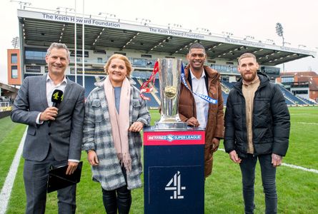 Adam Hills, Danika Priim, Sam Tomkins, and Leon Pryce in Channel 4: Super League (2022)