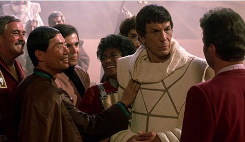 Walter Koenig, Leonard Nimoy, William Shatner, James Doohan, George Takei, and Nichelle Nichols in Star Trek III: The Se