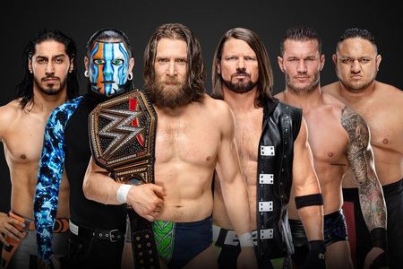 Jeff Hardy, A.J. Styles, Randy Orton, Bryan Danielson, Joe Seanoa, and Adeel Alam in WWE Elimination Chamber (2019)