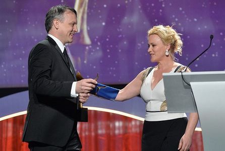 Patricia Arquette presenting Brian Knappenberger with the 2015 WGA award for Best Documentary Screenplay
