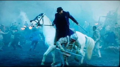 Doubling Sherman Augustus sword fighting on horseback on AMC show ' Into The Badlands '