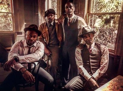 Anslem Richardson, Malcolm Barrett, Kamahl Naiqui, and Paterson Joseph on the set of Timeless and The King of the Delta 