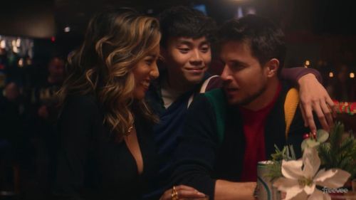 Still of Steven Huy, Robbie Amell and Donna Benedicto in EXmas