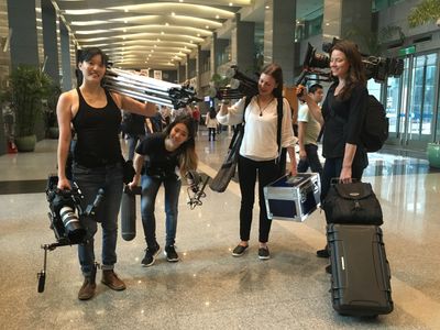 Vanessa Hope, Laura Hudock, Teri Woo, and Choncy Shu filming Invisible Nation