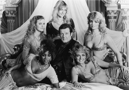 Roger Moore, Carole Ashby, Gillian De Terville, Tina Robinson, Carolyn Seaward, and Mary Stavin at an event for Octopuss