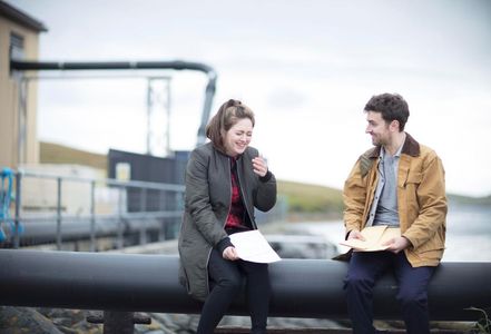 Alison O'Donnell filming Shetland with Angus Miller