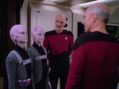 Patrick Stewart, Katy Boyer, Gene Dynarski, and Alexandra Johnson in Star Trek: The Next Generation (1987)