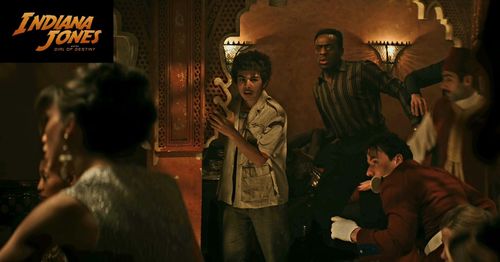 Screen shot from Indiana Jones and the Dial of Destiny. Kenny-Lee playing a Hotel/Bar Guest in the midst of a Bar brawl