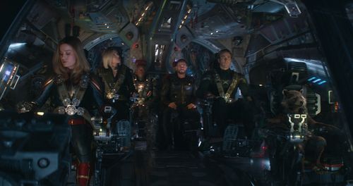 Don Cheadle, Bradley Cooper, Chris Evans, Scarlett Johansson, Brie Larson, and Chris Hemsworth in Avengers: Endgame (201